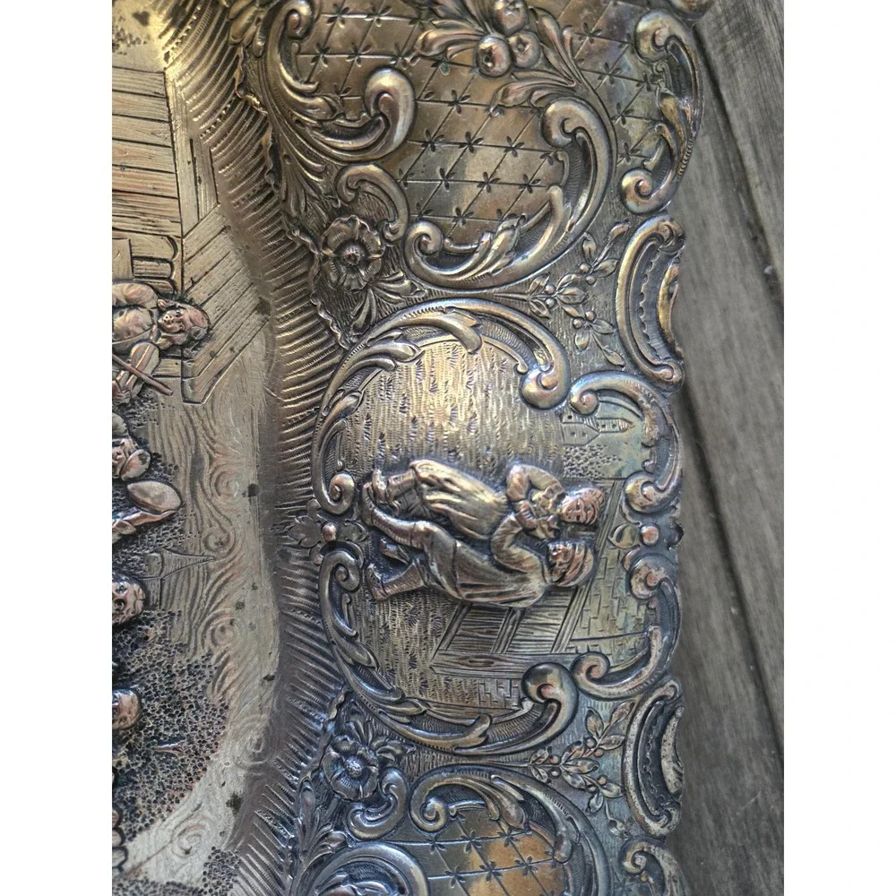 Antique Silver on Copper Dutch Revival Repousse People Tavern Courtyard Bowl